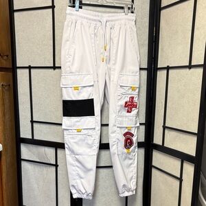 Men's White Cargo Jogger Pants with Patch Accents